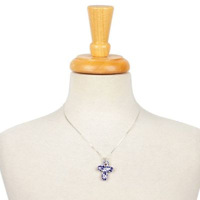 Alternate image for Traditional Talavera Blue Ceramic Cross Pendant Necklace Faithful Garden