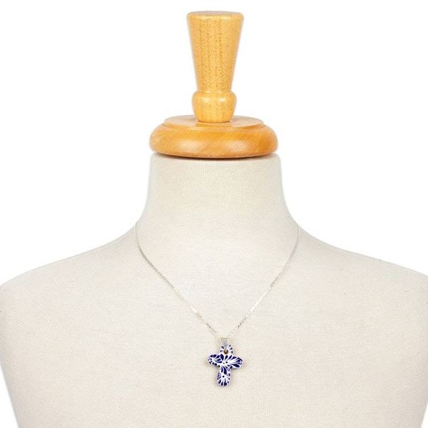 Alternate image for Traditional Talavera Blue Ceramic Cross Pendant Necklace Faithful Garden