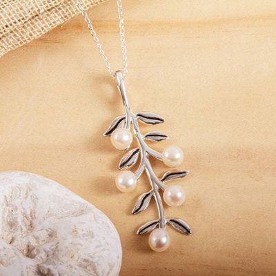 Primary image for Hand Crafted Cultured Pearl Pendant Necklace Blooming Dogwood