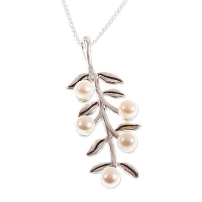 Alternate image for Hand Crafted Cultured Pearl Pendant Necklace Blooming Dogwood