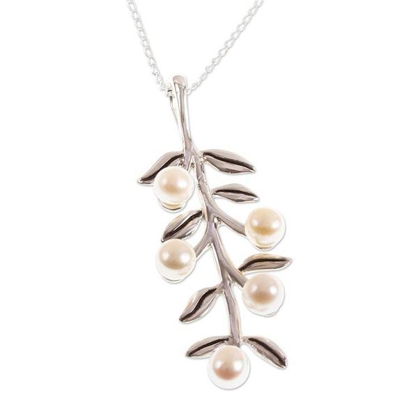 Alternate image for Hand Crafted Cultured Pearl Pendant Necklace Blooming Dogwood