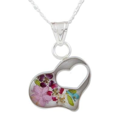 Alternate image for Clear Resin Double Heart Sterling Silver Pendant Necklace Pink Flowered Heart