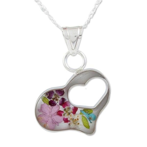 Alternate image for Clear Resin Double Heart Sterling Silver Pendant Necklace Pink Flowered Heart