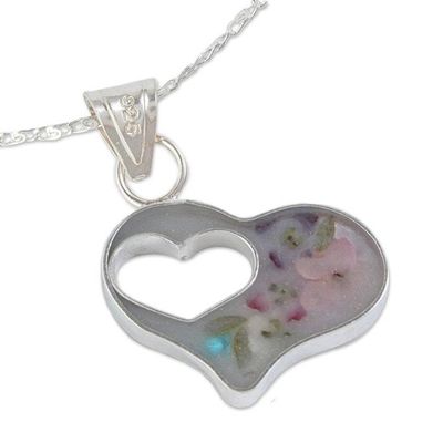 Alternate image for Clear Resin Double Heart Sterling Silver Pendant Necklace Pink Flowered Heart
