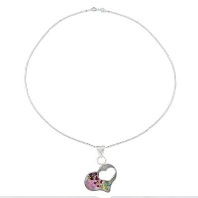 Alternate image for Clear Resin Double Heart Sterling Silver Pendant Necklace Pink Flowered Heart