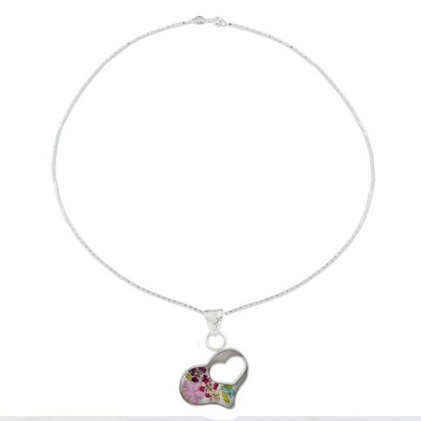 Alternate image for Clear Resin Double Heart Sterling Silver Pendant Necklace Pink Flowered Heart