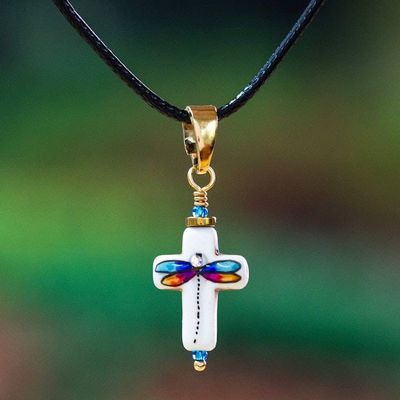 Primary image for 14k Gold-Accented Dragonfly-Themed Howlite Pendant Necklace Faith in Change