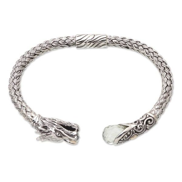 Alternate image for Sterling Silver Dragon Cuff Bracelet with Faceted Prasiolite Prosperity Dragon