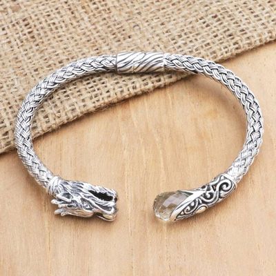 Alternate image for Sterling Silver Dragon Cuff Bracelet with Faceted Prasiolite Prosperity Dragon