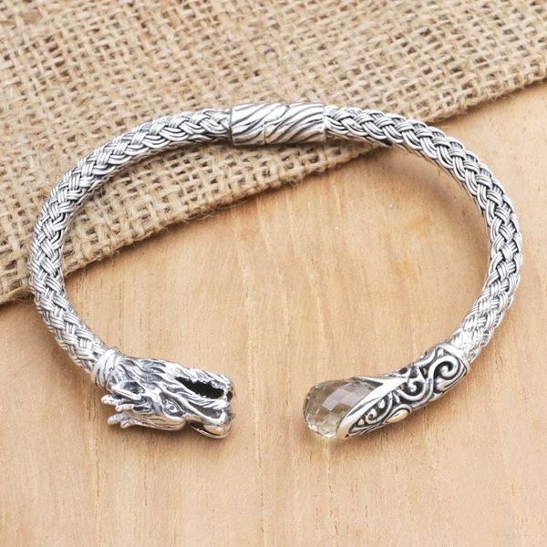 Alternate image for Sterling Silver Dragon Cuff Bracelet with Faceted Prasiolite Prosperity Dragon