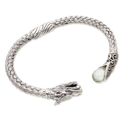 Alternate image for Sterling Silver Dragon Cuff Bracelet with Faceted Prasiolite Prosperity Dragon