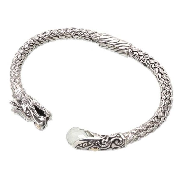 Alternate image for Sterling Silver Dragon Cuff Bracelet with Faceted Prasiolite Prosperity Dragon