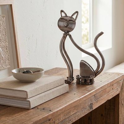 Alternate image for Cat-Themed Whimsical Minimalist Recycled Metal Figurine Futuristic Cat