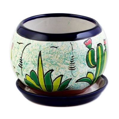 Alternate image for Handcrafted Ceramic Flower Pot with Cactus Images Mexican Memories