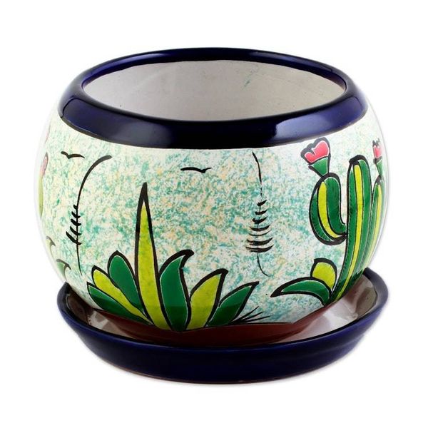 Alternate image for Handcrafted Ceramic Flower Pot with Cactus Images Mexican Memories