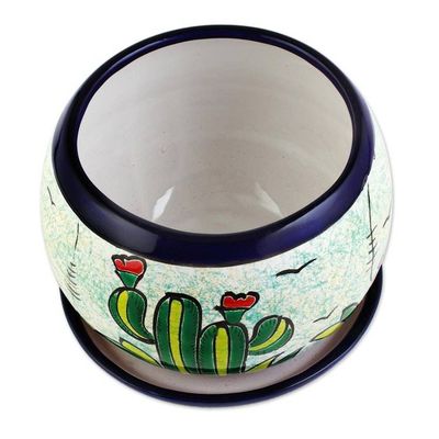 Alternate image for Handcrafted Ceramic Flower Pot with Cactus Images Mexican Memories