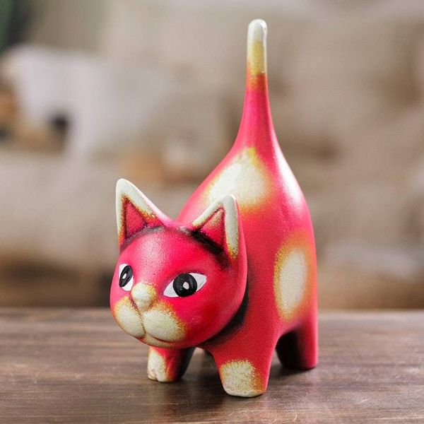 Alternate image for Whimsical Hand-Painted Geranium Cat Ceramic Sculpture Feline Audacity in Geranium