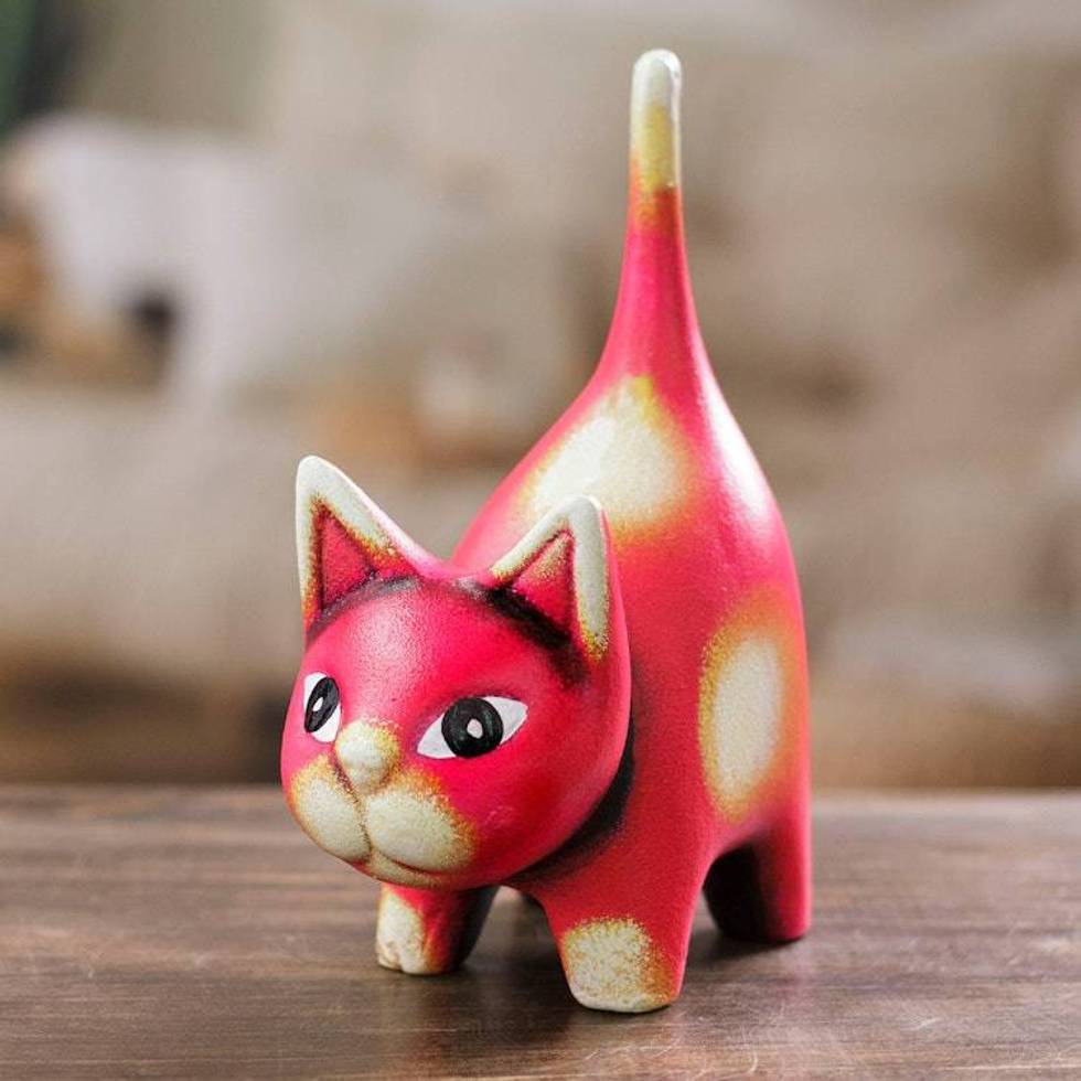 Whimsical Hand-Painted Geranium Cat Ceramic Sculpture 'Feline Audacity in Geranium'