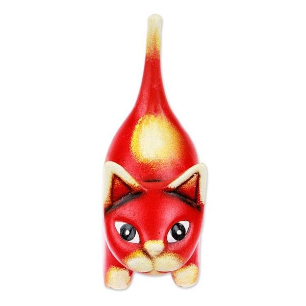 Alternate image for Whimsical Hand-Painted Geranium Cat Ceramic Sculpture Feline Audacity in Geranium