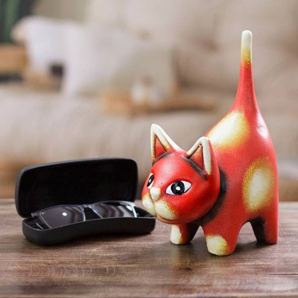 Alternate image for Whimsical Hand-Painted Geranium Cat Ceramic Sculpture Feline Audacity in Geranium
