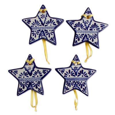 Alternate image for Blue Ceramic Star Ornaments from Mexico Set of 4 Artisanal Stars