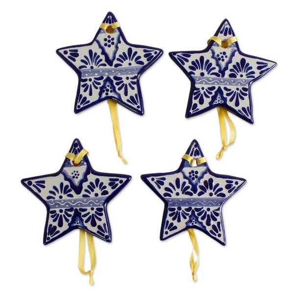 Alternate image for Blue Ceramic Star Ornaments from Mexico Set of 4 Artisanal Stars