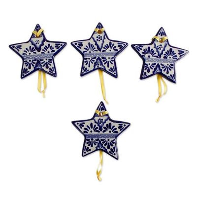 Alternate image for Blue Ceramic Star Ornaments from Mexico Set of 4 Artisanal Stars