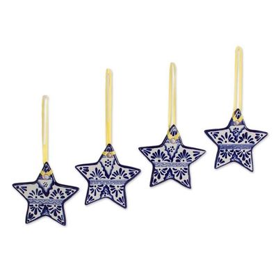 Alternate image for Blue Ceramic Star Ornaments from Mexico Set of 4 Artisanal Stars