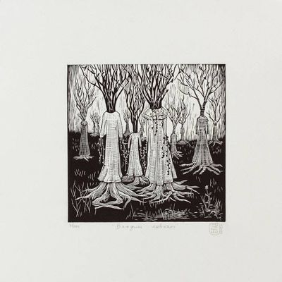 Primary image for Signed Linoleum Block Print of a Surreal Forest from Mexico Strange Woods