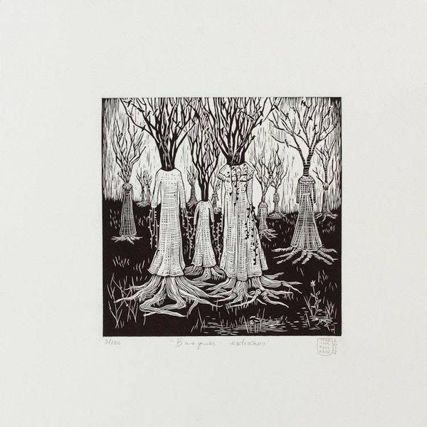 Alternate image for Signed Linoleum Block Print of a Surreal Forest from Mexico Strange Woods