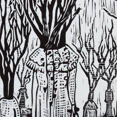 Alternate image for Signed Linoleum Block Print of a Surreal Forest from Mexico Strange Woods