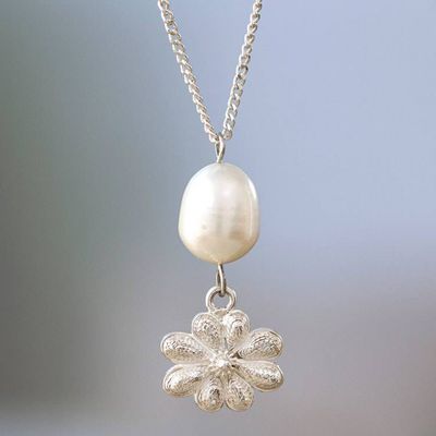 Alternate image for Sterling Silver Necklace with Cultured Pearl and Filigree Creek Flower