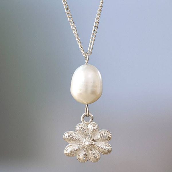 Alternate image for Sterling Silver Necklace with Cultured Pearl and Filigree Creek Flower