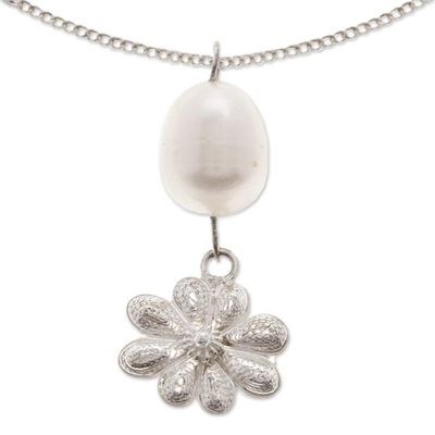 Alternate image for Sterling Silver Necklace with Cultured Pearl and Filigree Creek Flower
