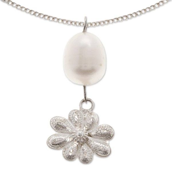 Alternate image for Sterling Silver Necklace with Cultured Pearl and Filigree Creek Flower
