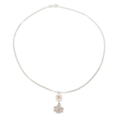 Alternate image for Sterling Silver Necklace with Cultured Pearl and Filigree Creek Flower