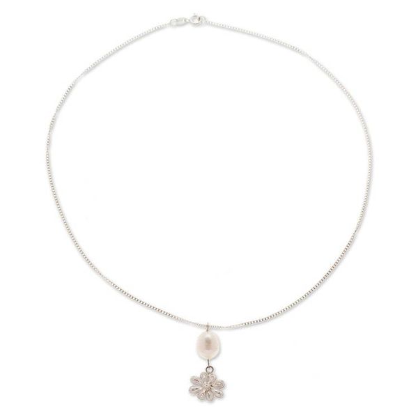 Alternate image for Sterling Silver Necklace with Cultured Pearl and Filigree Creek Flower