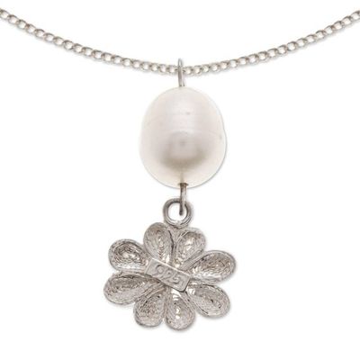 Alternate image for Sterling Silver Necklace with Cultured Pearl and Filigree Creek Flower