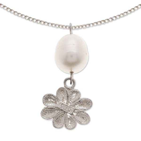 Alternate image for Sterling Silver Necklace with Cultured Pearl and Filigree Creek Flower