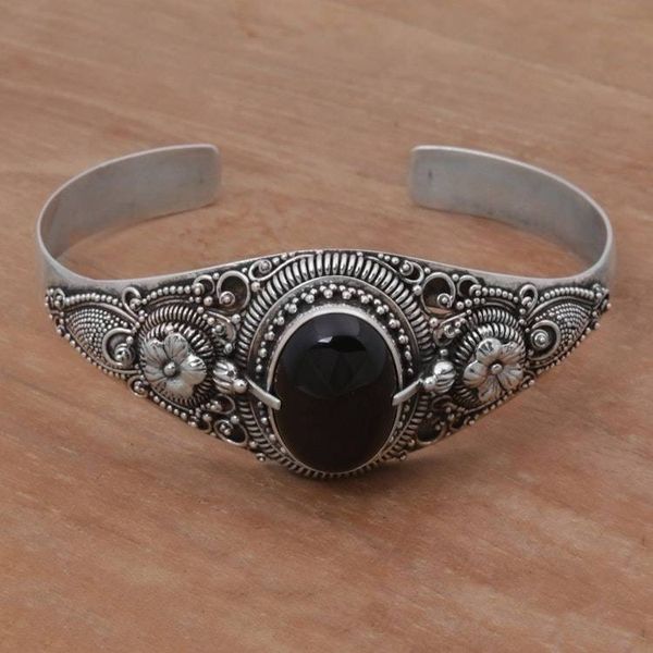 Alternate image for Onyx and Sterling Silver Floral Cuff Bracelet from Indonesia Balinese Magic in Black