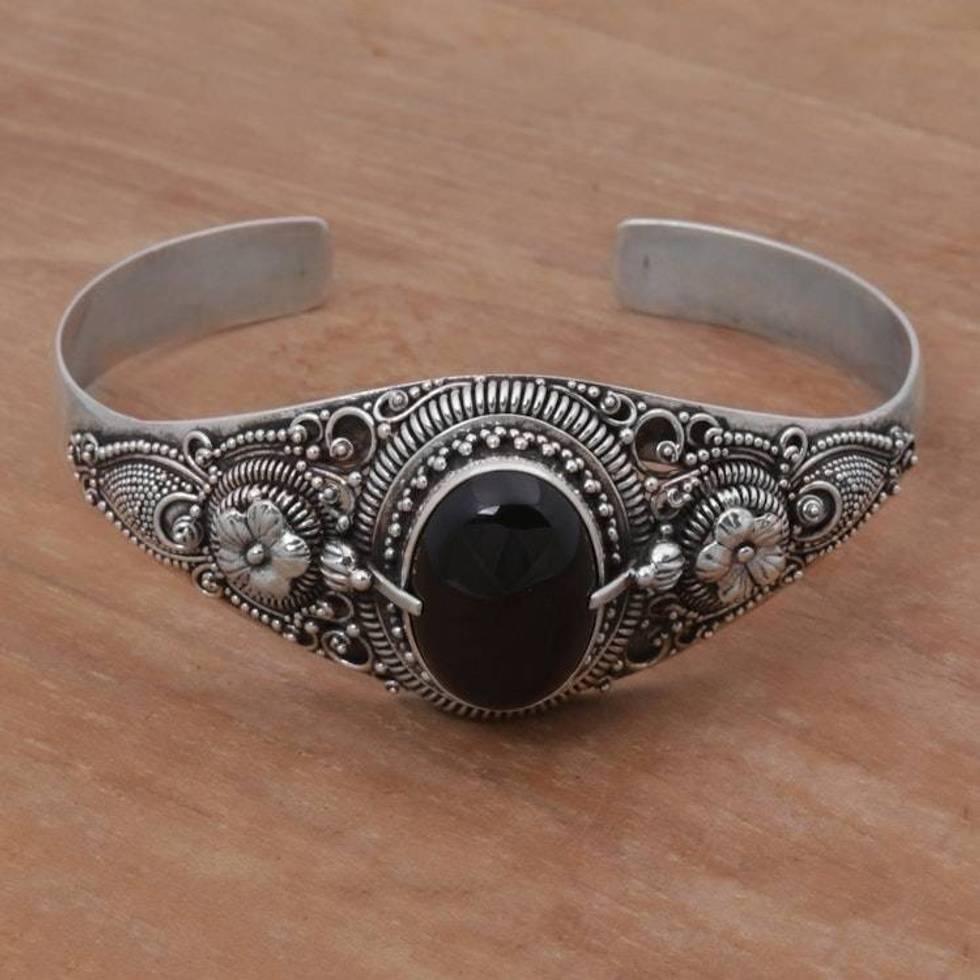 Onyx and Sterling Silver Floral Cuff Bracelet from Indonesia 'Balinese Magic in Black'
