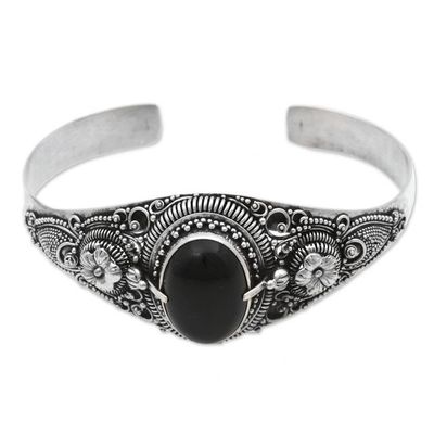 Alternate image for Onyx and Sterling Silver Floral Cuff Bracelet from Indonesia Balinese Magic in Black