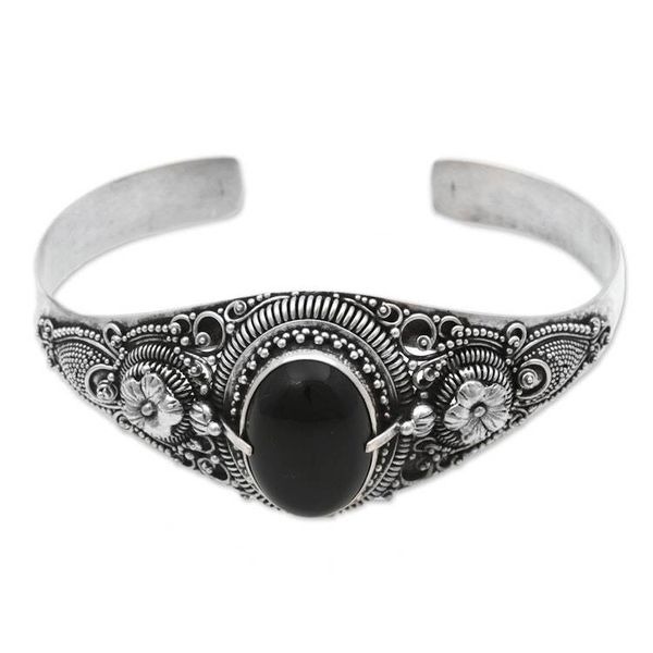 Alternate image for Onyx and Sterling Silver Floral Cuff Bracelet from Indonesia Balinese Magic in Black