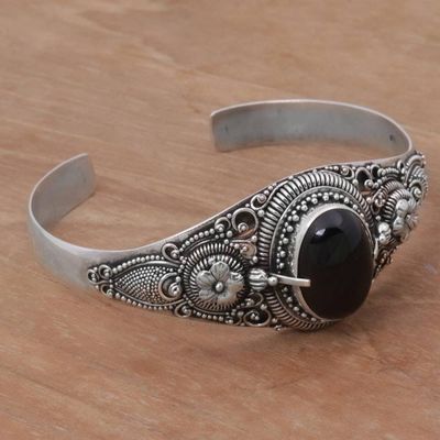 Alternate image for Onyx and Sterling Silver Floral Cuff Bracelet from Indonesia Balinese Magic in Black