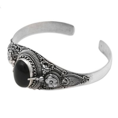 Alternate image for Onyx and Sterling Silver Floral Cuff Bracelet from Indonesia Balinese Magic in Black
