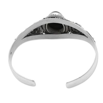 Alternate image for Onyx and Sterling Silver Floral Cuff Bracelet from Indonesia Balinese Magic in Black