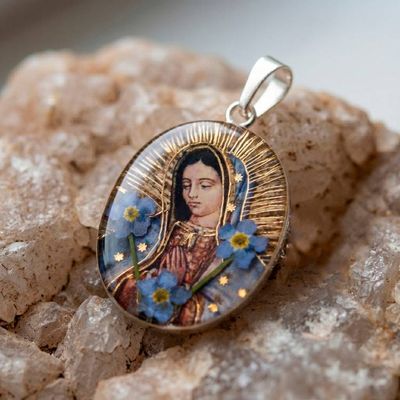 Alternate image for Lady of Guadalupe-Themed Natural Flower Resin Silver Pendant Blooming Lady of Guadalupe