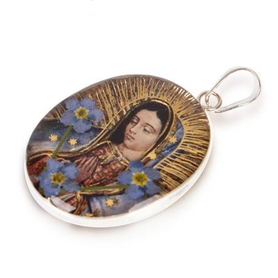 Alternate image for Lady of Guadalupe-Themed Natural Flower Resin Silver Pendant Blooming Lady of Guadalupe