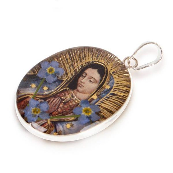 Alternate image for Lady of Guadalupe-Themed Natural Flower Resin Silver Pendant Blooming Lady of Guadalupe