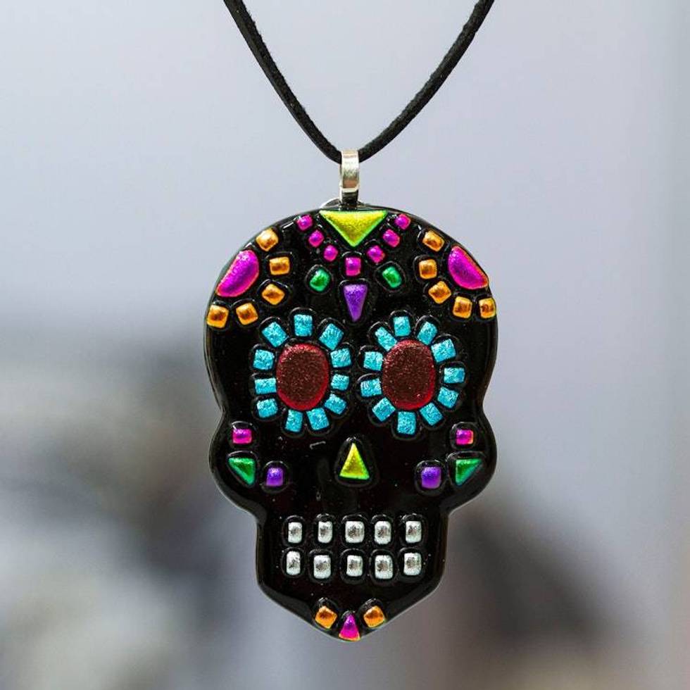 Day of the Dead-Themed Colorful Art Glass Pendant Necklace 'Underworld Class'